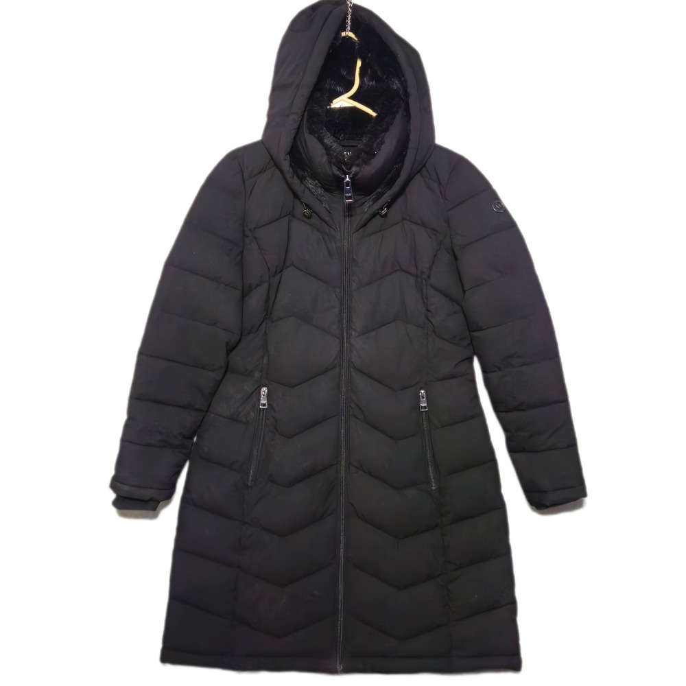 Andrew Marc Puffer Parka Women S Black Excellent Chevron Quilted Faux Fur Hood